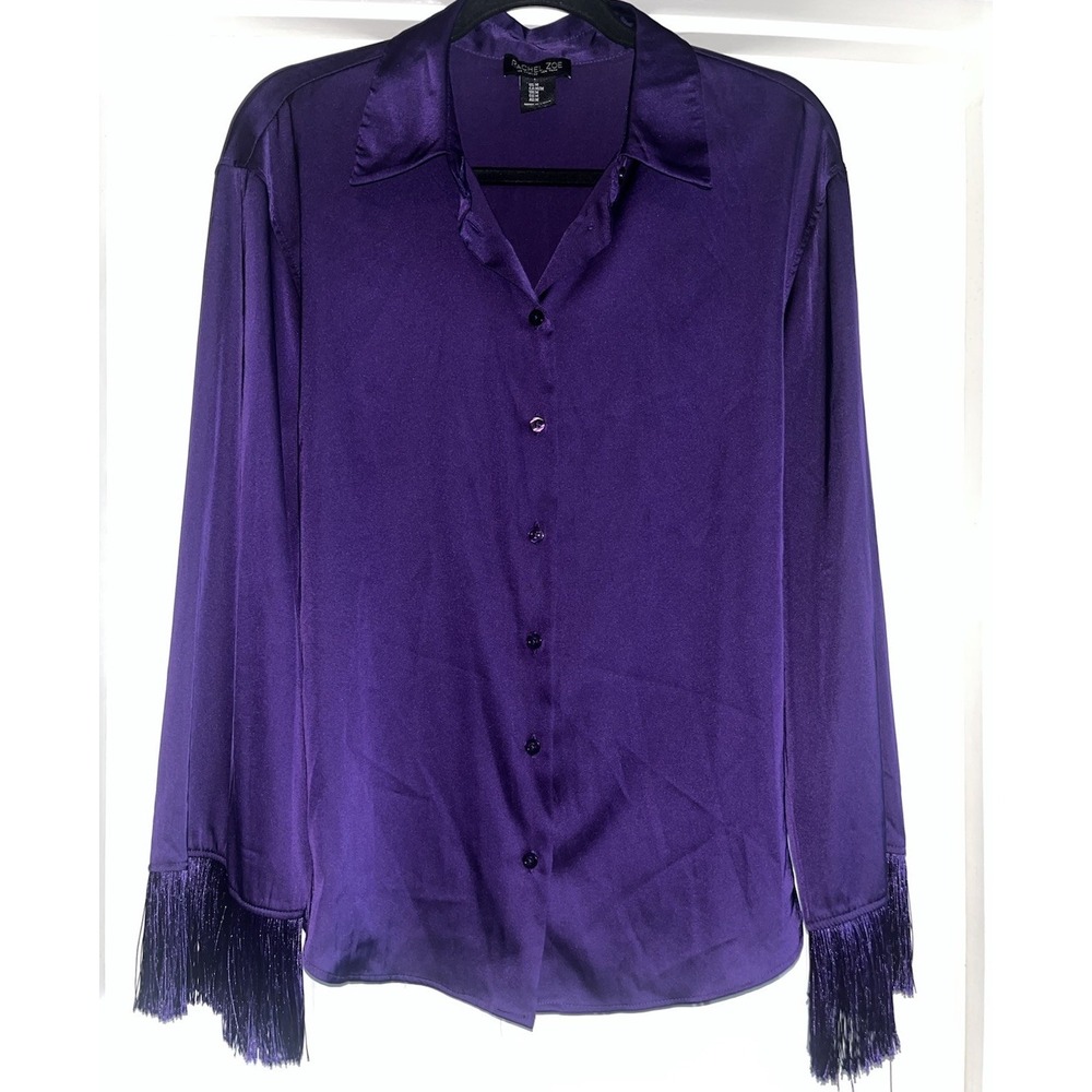 Rachel Zoe Medium Purple Satin Button Down Blouse Beaded Fringe Cuffs Going Out
